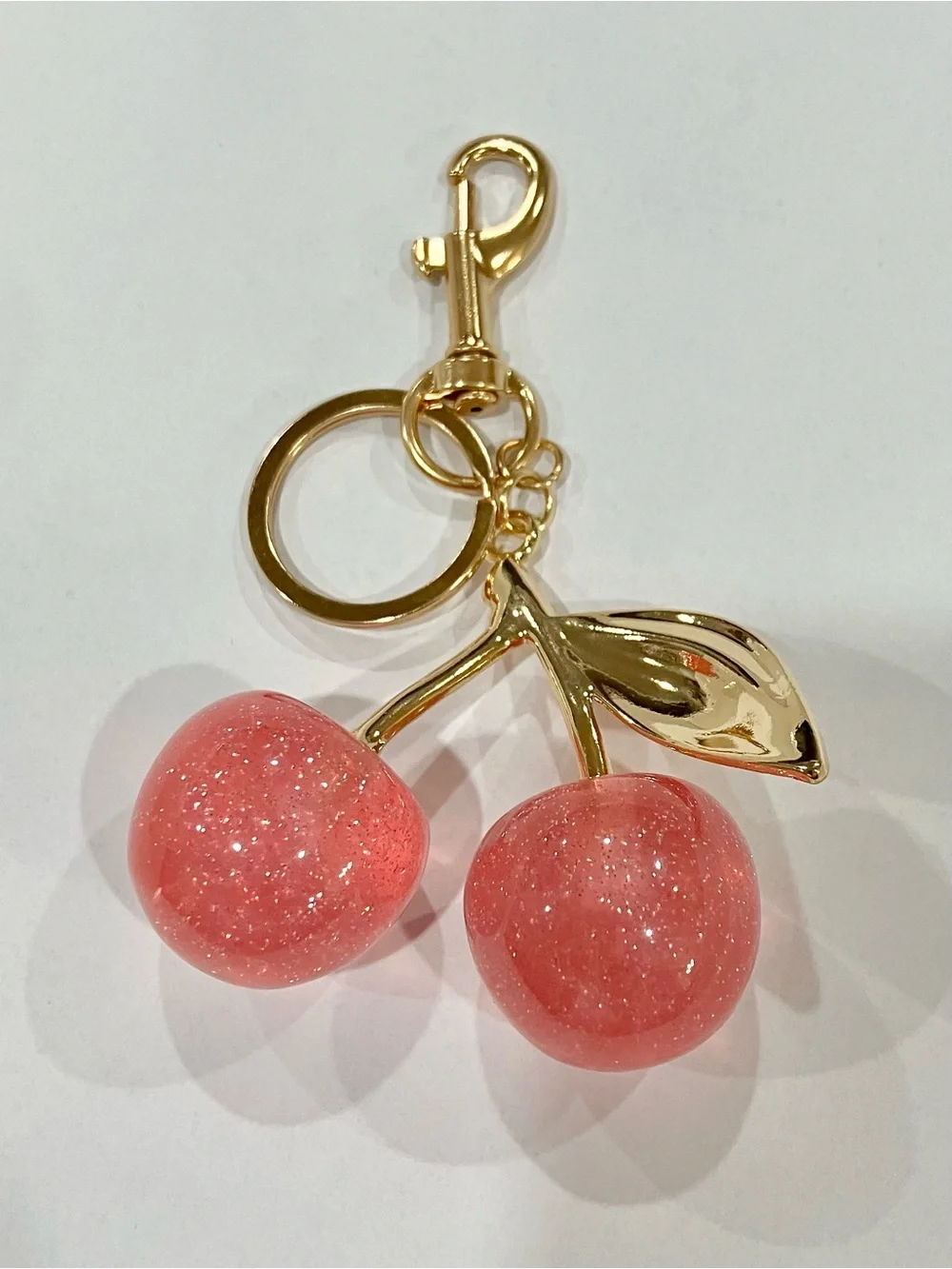 Gold Cherry Keychain with Pink Glitter Cherries